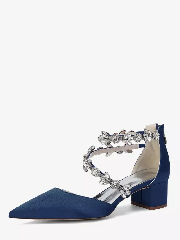 Escarpins de mariée en satin à bout pointu strass et brides talons compensés
