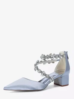 Escarpins de mariée en satin à bout pointu strass et brides talons compensés