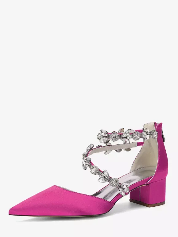 Escarpins de mariée en satin à bout pointu strass et brides talons compensés