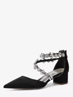 Escarpins de mariée en satin à bout pointu strass et brides talons compensés