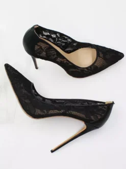 Escarpins De Mariée Transparentes En Dentelle Noire Talons Aiguilles Bout Pointu