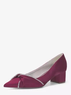Escarpins en satin à bout pointu strass et talon compensé noué à enfiler