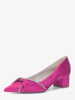 Escarpins en satin à bout pointu strass et talon compensé noué à enfiler