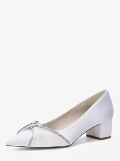 Escarpins en satin à bout pointu strass et talon compensé noué à enfiler