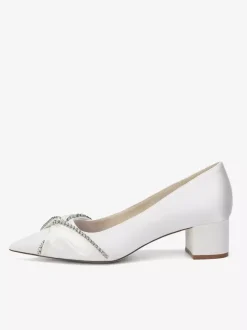 Escarpins en satin à bout pointu strass et talon compensé noué à enfiler