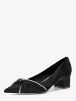 Escarpins en satin à bout pointu strass et talon compensé noué à enfiler