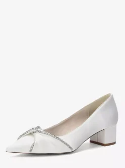 Escarpins en satin à bout pointu strass et talon compensé noué à enfiler