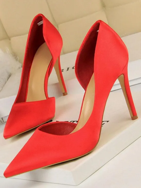 Escarpins en Satin Talons Hautes Fins Aiguilles Femmes avec Bout Pointu à Cuir Synthétique Unicolore