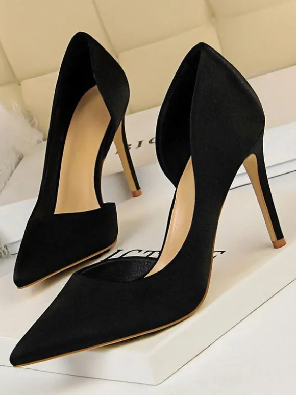 Escarpins en Satin Talons Hautes Fins Aiguilles Femmes avec Bout Pointu à Cuir Synthétique Unicolore