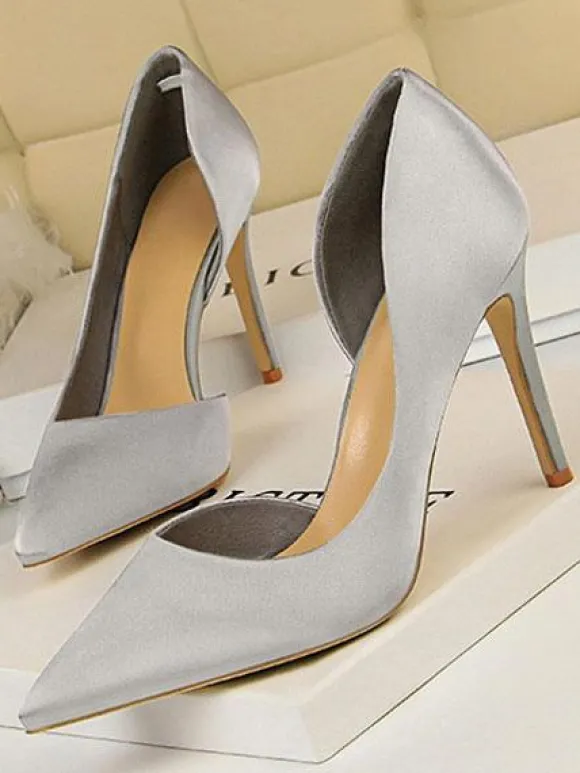 Escarpins en Satin Talons Hautes Fins Aiguilles Femmes avec Bout Pointu à Cuir Synthétique Unicolore