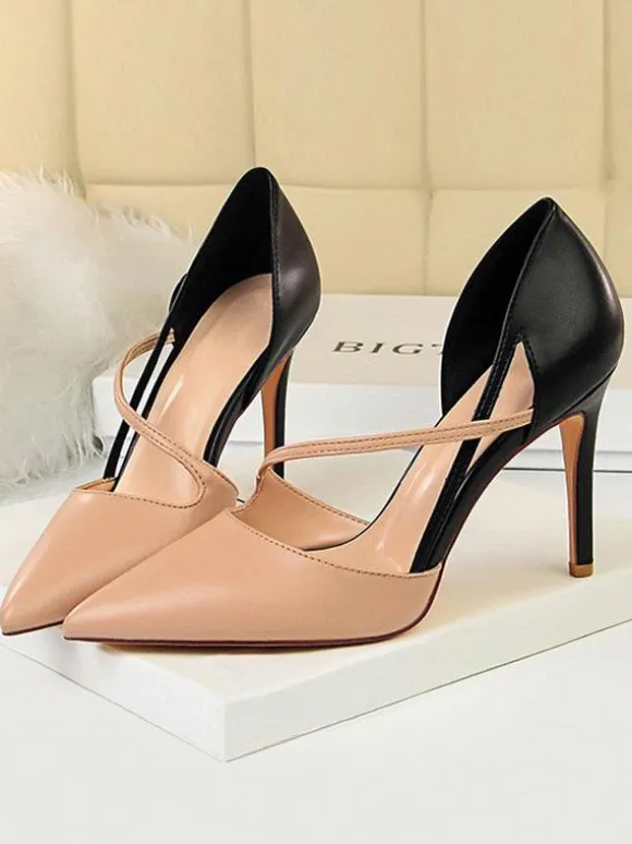 Escarpins femme nude en PU bout pointu talon haut