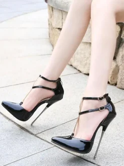 Escarpins femme sexy talon haut type-T bout pointu noir en PU