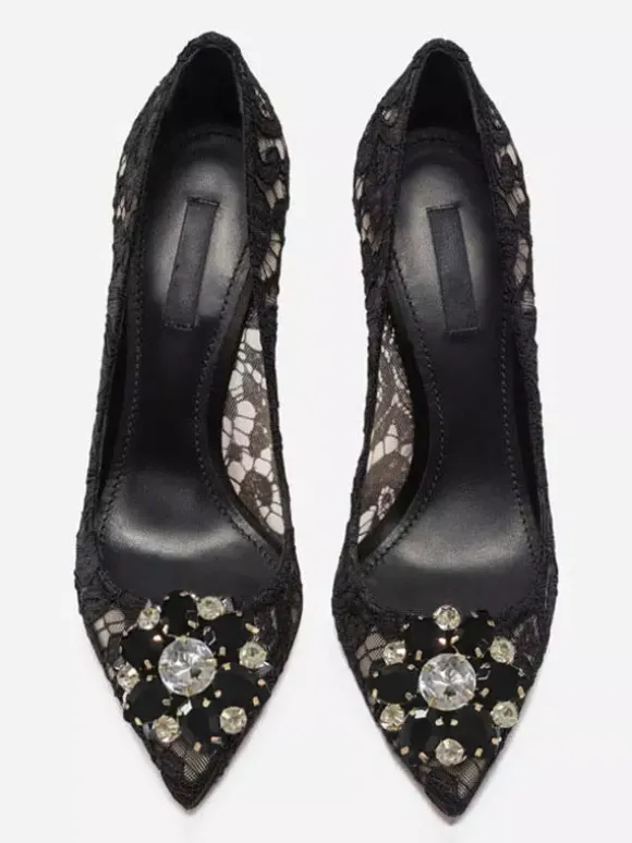 Escarpins Femmes À Talons Aiguilles En Cristal Chaussures Dentelle À Bout Pointu