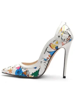 Escarpins femme talon haut bout pointu imprimerie blanche en PU