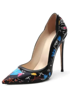Escarpins femme talon haut bout pointu imprimerie blanche en PU