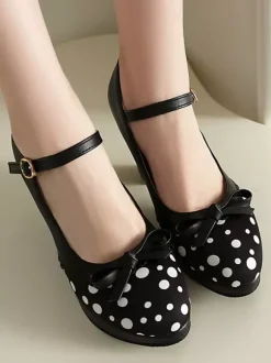 Escarpins Lolita classiques à talons compensés en cuir PU vert clair avec n艙uds