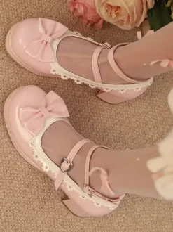 Escarpins Lolita en cuir PU à bout rond et n艙uds blancs