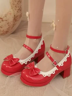 Escarpins Lolita en cuir PU à bout rond et n艙uds blancs