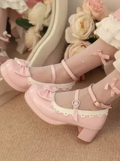Escarpins Lolita en cuir PU à bout rond et n艙uds blancs