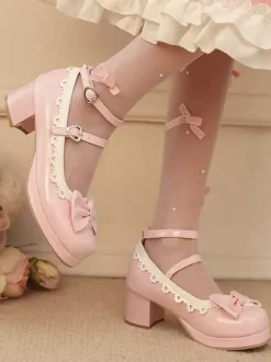 Escarpins Lolita en cuir PU à bout rond et n艙uds blancs