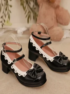 Escarpins Lolita en cuir PU à bout rond et n艙uds blancs