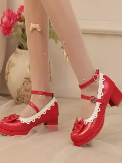 Escarpins Lolita en cuir PU à bout rond et n艙uds blancs