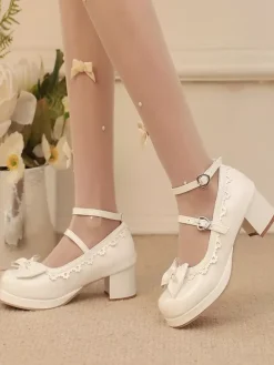 Escarpins Lolita en cuir PU à bout rond et n艙uds blancs