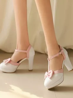 Escarpins Lolita en cuir PU noir à bout rond et n艙uds