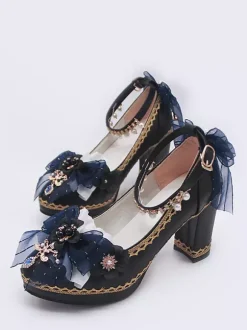 Escarpins Lolita gothiques à n艙uds bleu foncé bout pointu en cuir PU.