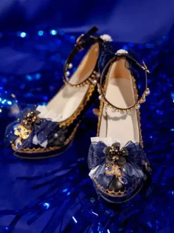 Escarpins Lolita gothiques à n艙uds bleu foncé bout pointu en cuir PU.