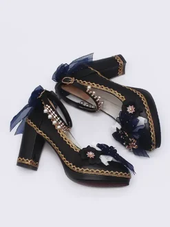 Escarpins Lolita gothiques à n艙uds bleu foncé bout pointu en cuir PU.
