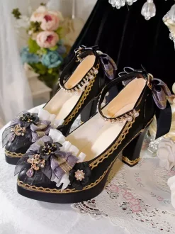 Escarpins Lolita gothiques à n艙uds bleu foncé bout pointu en cuir PU.