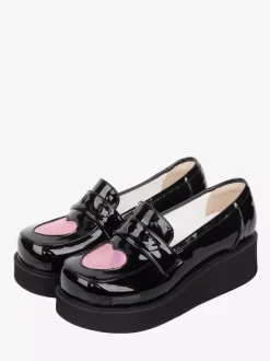 Escarpins Lolita noirs à plateforme bout rond et décolleté c艙ur en cuir PU ravissantes chaussures Lolita
