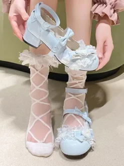 Escarpins Lolita Sweet bout rond bout en cuir PU talon compensé n艙uds roses