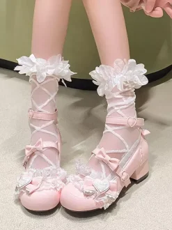 Escarpins Lolita Sweet bout rond bout en cuir PU talon compensé n艙uds roses