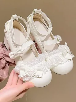 Escarpins Lolita Sweet bout rond bout en cuir PU talon compensé n艙uds roses