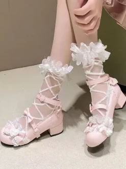 Escarpins Lolita Sweet bout rond bout en cuir PU talon compensé n艙uds roses