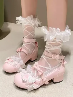 Escarpins Lolita Sweet bout rond bout en cuir PU talon compensé n艙uds roses