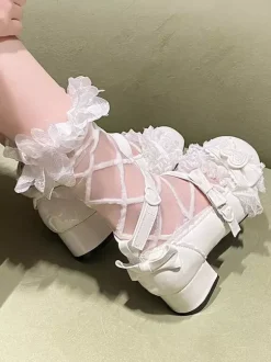 Escarpins Lolita Sweet bout rond bout en cuir PU talon compensé n艙uds roses
