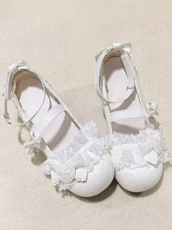 Escarpins Lolita Sweet bout rond bout en cuir PU talon compensé n艙uds roses
