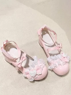 Escarpins Lolita Sweet bout rond bout en cuir PU talon compensé n艙uds roses
