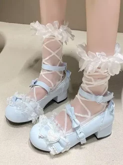Escarpins Lolita Sweet bout rond bout en cuir PU talon compensé n艙uds roses
