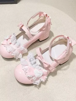 Escarpins Lolita Sweet bout rond bout en cuir PU talon compensé n艙uds roses