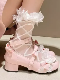 Escarpins Lolita Sweet bout rond bout en cuir PU talon compensé n艙uds roses