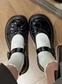 Escarpins Lolita Sweet à bout rond n艙uds noirs en cuir PU talon compensé