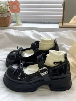 Escarpins Lolita Sweet à bout rond n艙uds noirs en cuir PU talon compensé