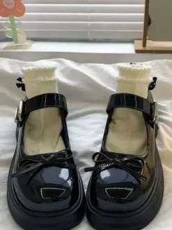 Escarpins Lolita Sweet à bout rond n艙uds noirs en cuir PU talon compensé