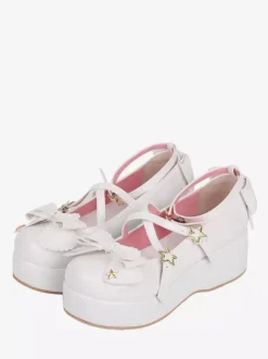 Escarpins Lolita Sweet Lolita à talons compensés en cuir PU avec n艙uds blancs