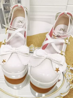 Escarpins Lolita Sweet Lolita à talons compensés en cuir PU avec n艙uds blancs