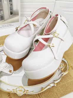 Escarpins Lolita Sweet Lolita à talons compensés en cuir PU avec n艙uds blancs